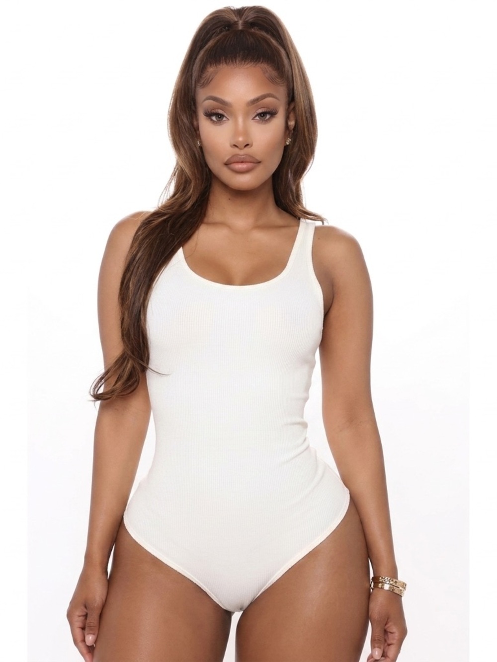 Stella Luce| Ivory White Classic Scoop Neck Stretch Knit Tank Bodysuit Sz S